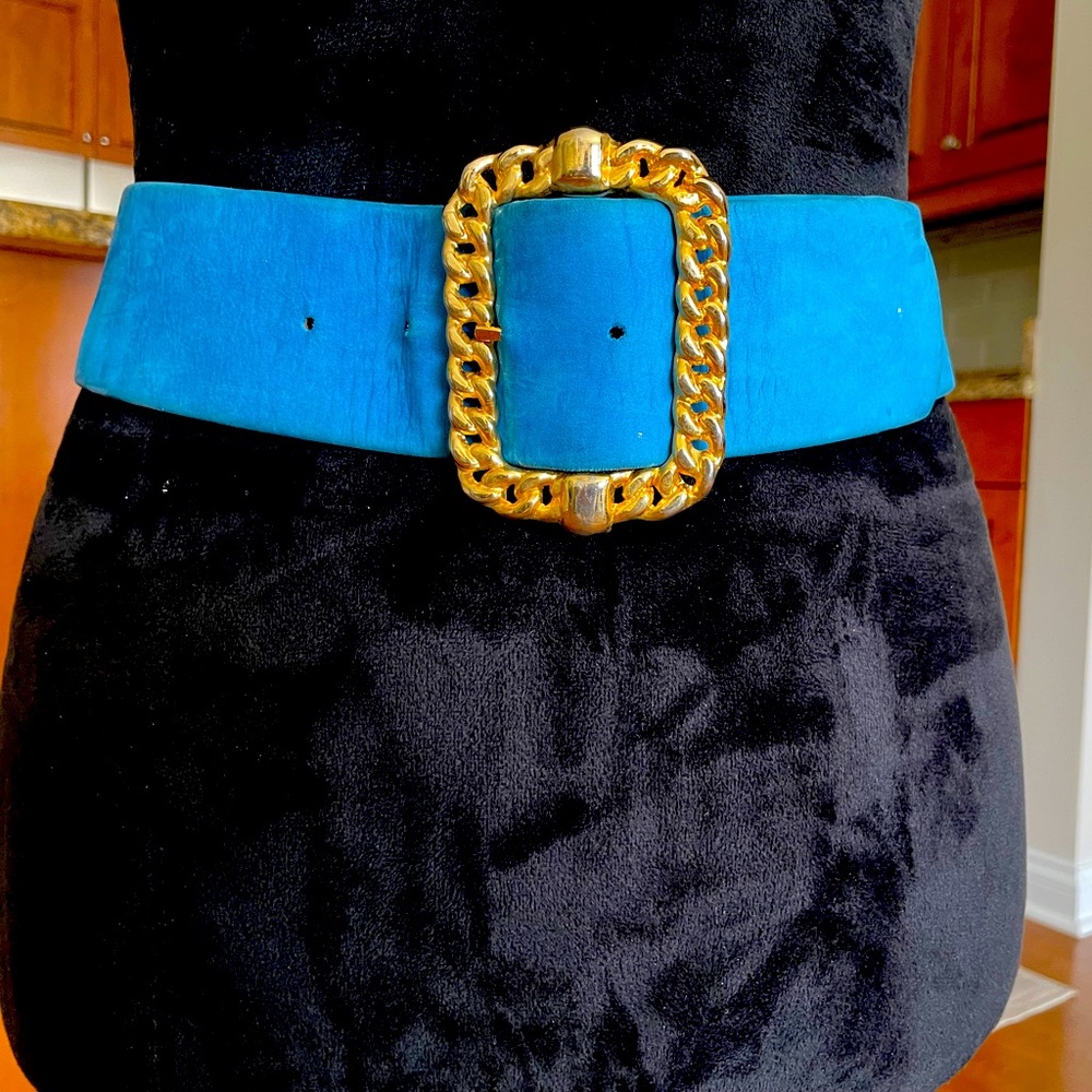 Cyan Blue Suede with gold rectangular chain buckle